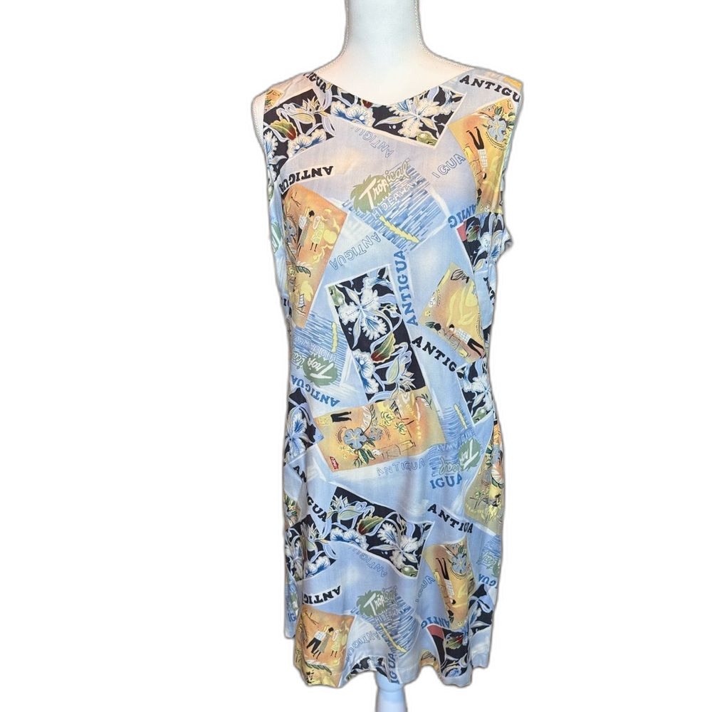 La Cabana Antigua Sleeveless V Neck Tropical Shift Dress Size L Tropical Print